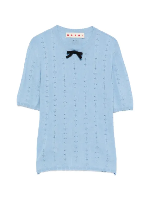 Marni bow-detail pointelle-knit T-shirt Blue GCMD0680EQUFZ63400B39