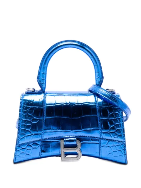 Balenciaga Pre-Owned 2022 Metallic Calfskin Croc Embossed Hourglass XS satchel Blue SXQSR6C1HKQZUL19