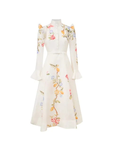 Leo Lin floral-print ruffled-shoulder midi dress Neutrals LLPF26006