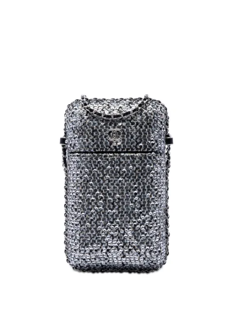 CHANEL Pre-Owned 2019 CC Tweed and Sequin Chain Around Phone Holder crossbody bag Silver KM6EXJJ35R117B1D