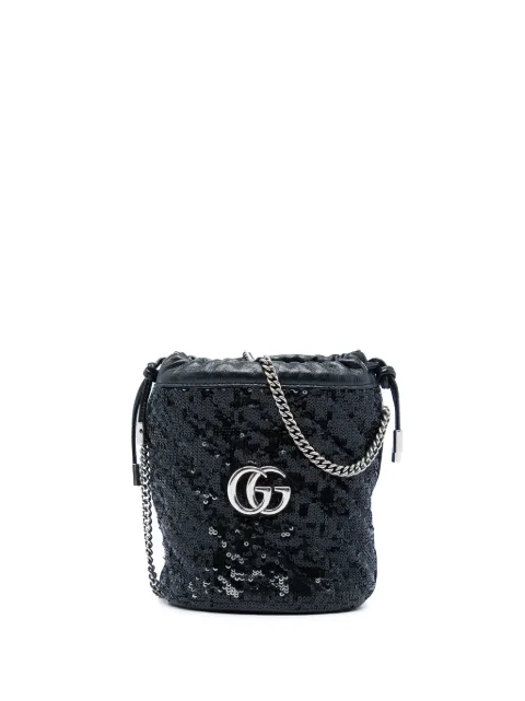Gucci Pre-Owned 2016-2026 Small GG Marmont Sequined Diagonal Matelasse Calfskin bucket bag Black 5OPM59WODTUZB425