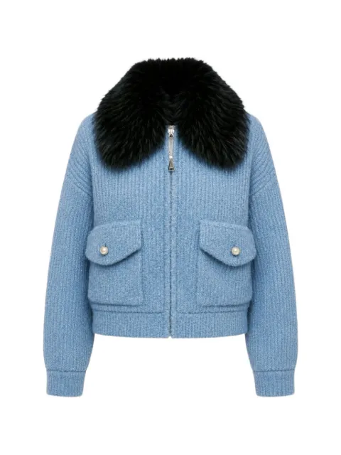 Essentiel Antwerp faux-fur collar ribbed-knit jacket Blue KANADAAA19