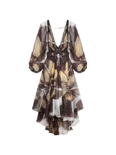 Mes Demoiselles lace-trimmed butterfly-print long dress Brown 26WPUCHABLACKWHITE