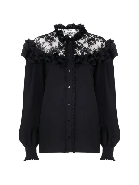 Chloé high-neck ruffled blouse in crêpe de chine & lace Black CH26AHT40005
