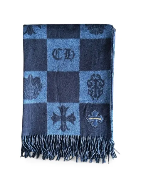 Chrome Hearts check-pattern fringed blanket Blue CHRM1549
