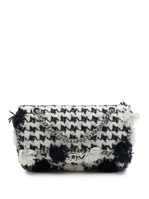 CHANEL Pre-Owned 2014-2015 Medium Classic Embroidered Canvas Houndstooth Pom Pom Flap shoulder bag Black AII2OK75Q3F9EQVK