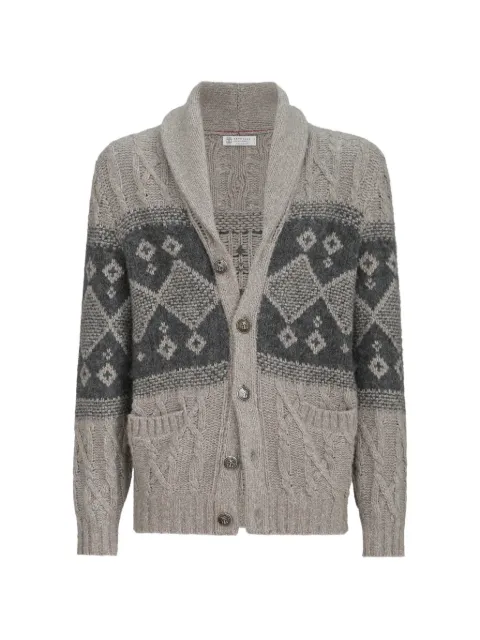 Brunello Cucinelli virgin-wool, silk and cashmere chiné cable-knit cardigan with intarsia Grey MNX302516CIX90