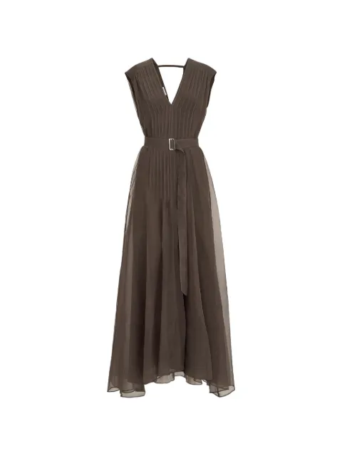 Brunello Cucinelli crispy silk belted dress with pleated detail and precious strap Brown MF940A5336C4222