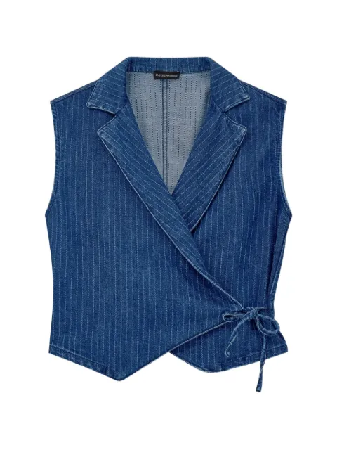 Emporio Armani pinstriped denim wrap waistcoat with lapels and a side tie Blue EW005151AF26171