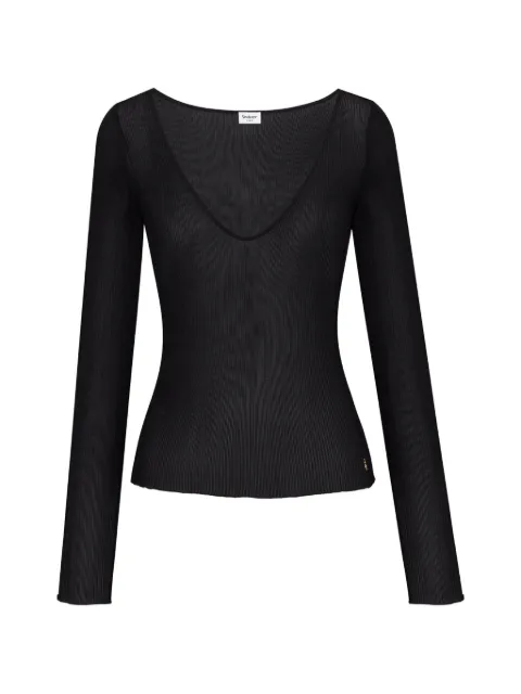 Saint Laurent Cassandre V-neck top in ribbed silk Black 876789Y37SM