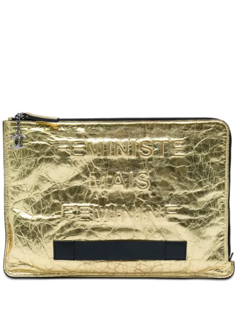 CHANEL Pre-Owned 2014-2015 Metallic Crinkled Calfskin Feministe Mais Feminine Pouch clutch bag Gold EJ3TORYWFD8D3ILZ