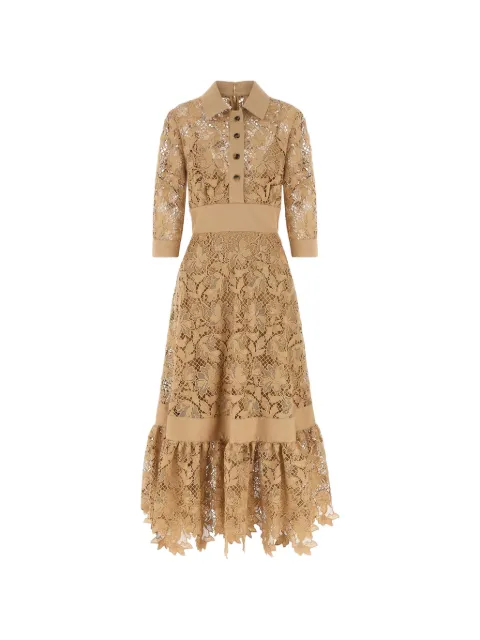 Elie Saab floral macramé ruffled midi dress Neutrals D1292NP26POM02BROWNSUGAR