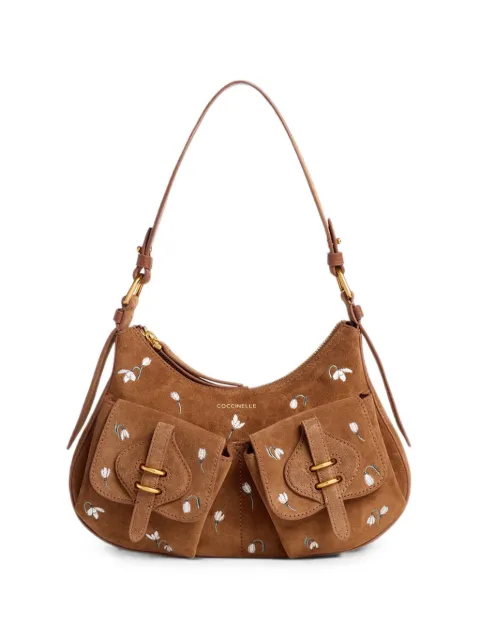 Coccinelle medium Mavery flower-embroidered suede shoulder bag Brown E1VGM120201