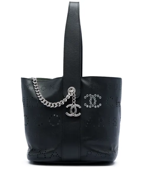 CHANEL Pre-Owned 2019 Small Perforated Calfskin Logo Eyelet bucket bag Black 667Z4J2AYTI4EB5K
