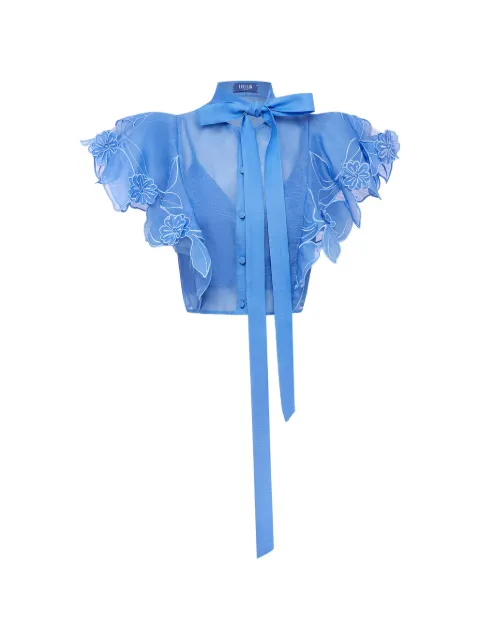 Leo Lin Jasmine appliqué flutter-sleeve top Blue LLPF260402