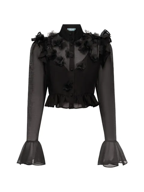 Leo Lin Maeve petal-embellished ruffled blouse Black LLPF26024
