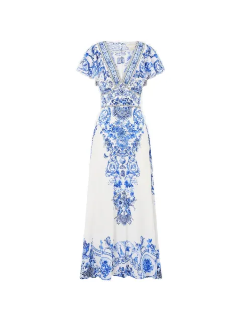 Camilla Ceramic Panoramic flutter-sleeve midi dress White 00041592