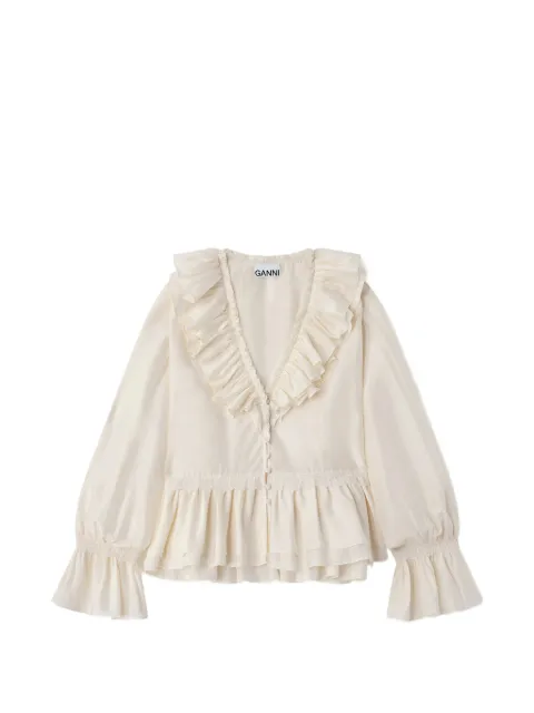 GANNI ruffled lace-trim blouse Neutrals A1040527
