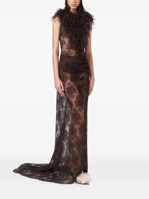 Giuseppe Di Morabito feather-trim lace-overlay maxi dress Brown 07PFDR550X16706