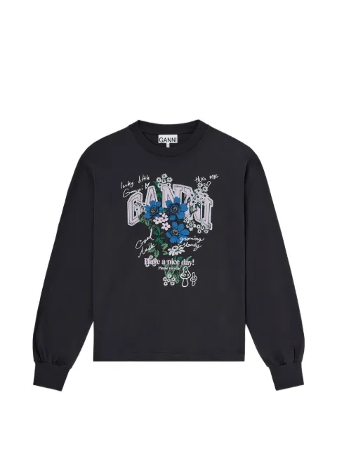 GANNI floral-print long-sleeve T-shirt Black A1050305