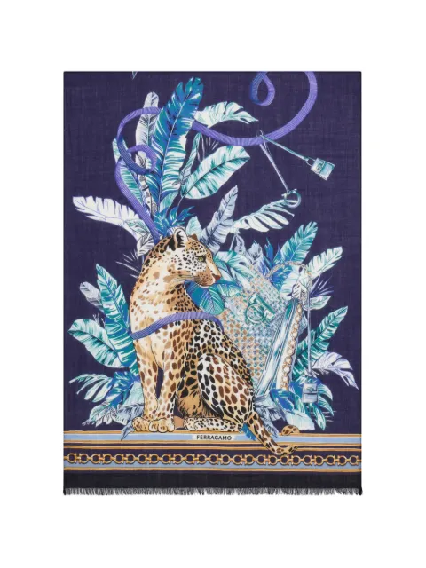Ferragamo feline-print pure-wool stole Blue 796888