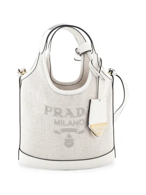 Prada Pre-Owned Logo Tote Linen Blend Small bucket bag Neutrals XYP1N2IQVXYFCCZF