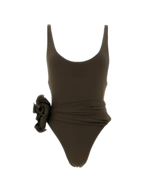 Magda Butrym floral-appliqué draped swimsuit Brown 640726BROWN