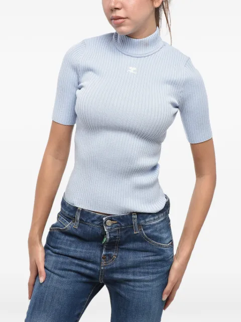 Courrèges ribbed-knit logo-embroidered T-shirt Blue PERMPU026FI0001