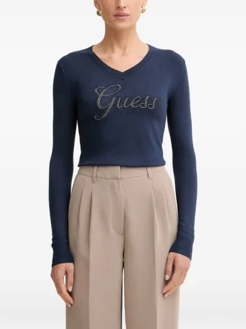 GUESS USA crystal-embellished logo-print sweater Blue W6YR29Z0977
