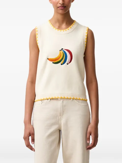 NEVER FULLY DRESSED banana-embroidered sleeveless knitted vest Neutrals NFDKN908