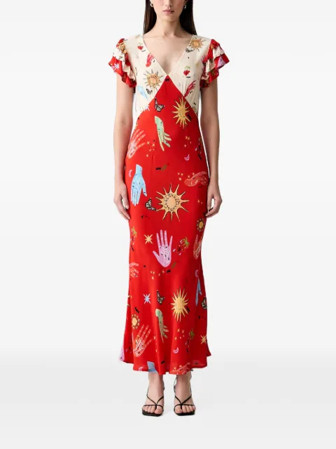 NEVER FULLY DRESSED graphic-print ruffled-sleeve maxi dress Red NFDDR3323