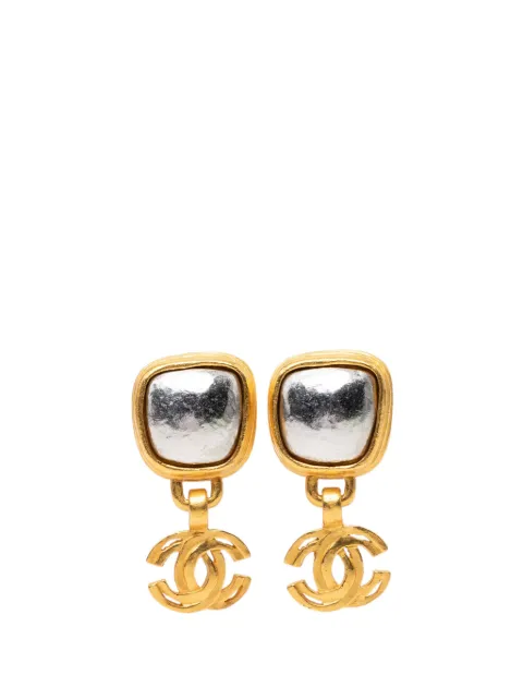 CHANEL Pre-Owned 1997 CC Gold Plated Square Silver Stone Drop Clip On Earrings costume earrings Gold 3W7SWFL3GUYQ3FB5