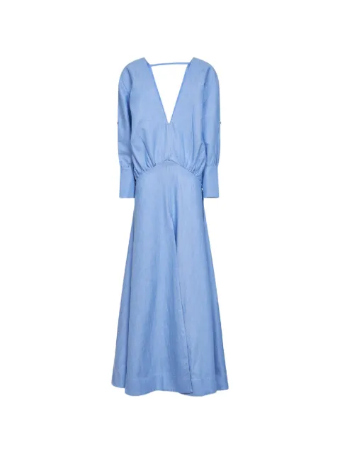 BATAKOVIC Belgrade plunging V-neck gathered midi dress Blue COTTONBLUEDRESSBLUECOTTONDRESS