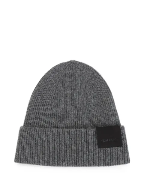 TOM FORD logo-patch ribbed-knit beanie hat Grey KHR008YMK137