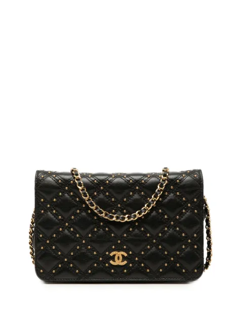 CHANEL Pre-Owned 2018-2019 CC Lambskin Studded Diamond Stitch Wallet On Chain crossbody bag Black TAYT411DQWBWM8SD