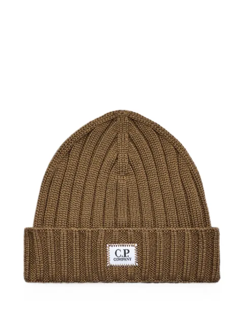 C.P. Company logo-patch ribbed-knit beanie hat Brown 21CMAC738A005509A340
