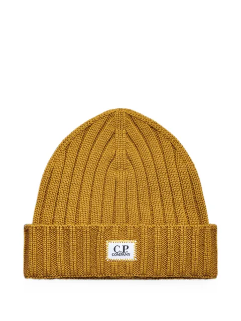 C.P. Company ribbed-knit logo-patch beanie hat Yellow 21CMAC738A005509A232