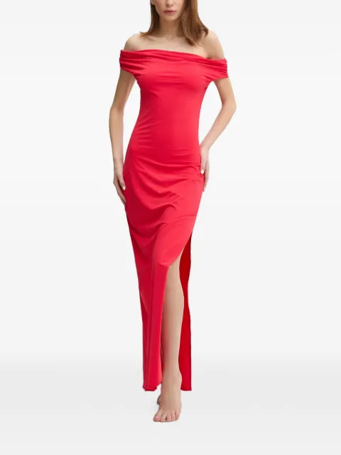 Bond-eye off-shoulder ruched-sleeve maxi beach dress Red BARE646F