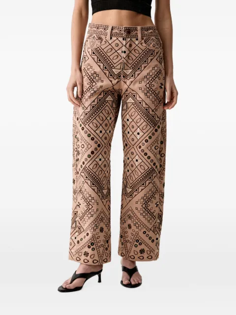 FARM Rio geometric-embroidered straight-leg trousers Neutrals 357076