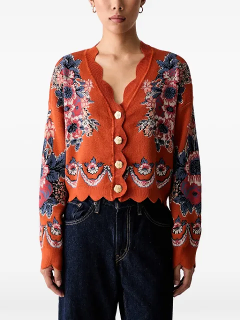FARM Rio floral-intarsia scallop-edge cardigan Orange 357142