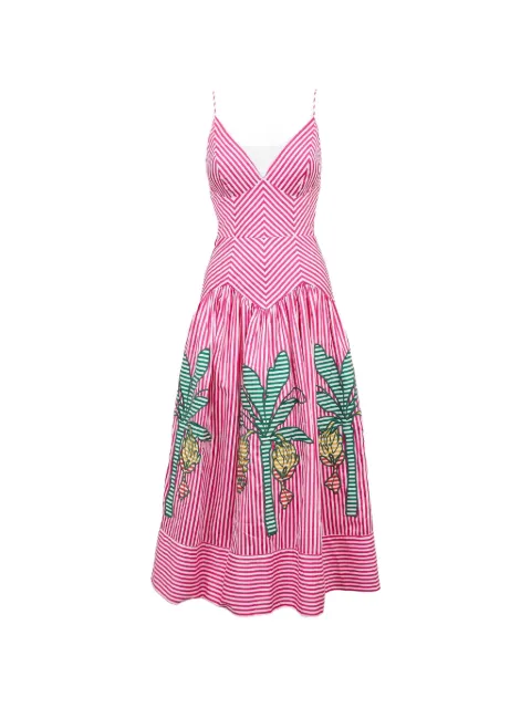 FARM Rio palm tree-embroidered striped midi dress Pink 355811