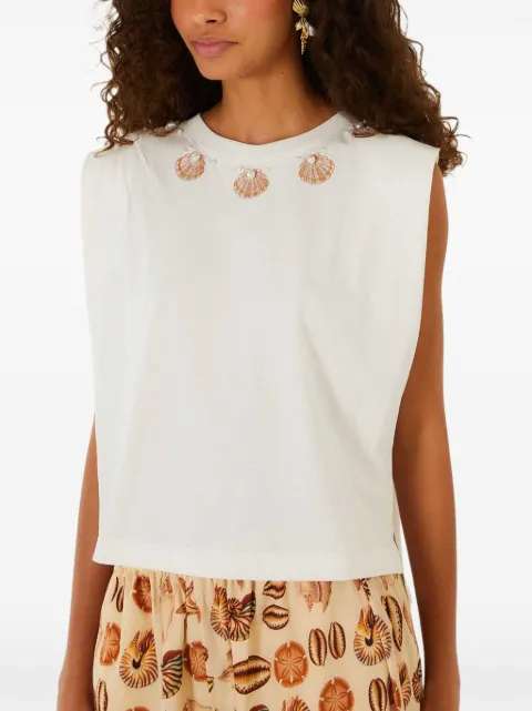 FARM Rio off-white seashell embroidery padded shoulders T-shirt White 358408