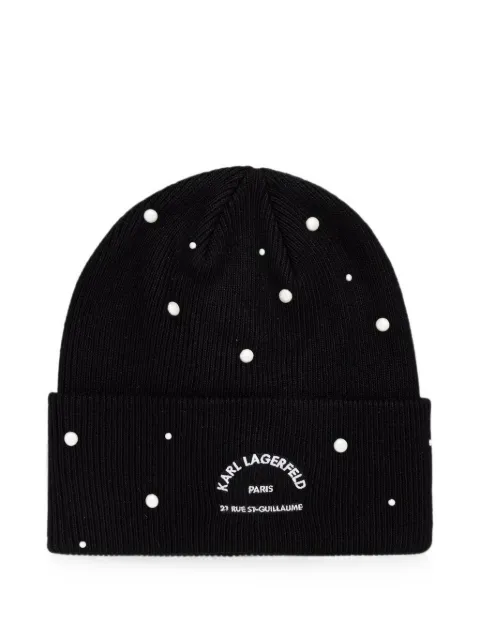 Karl Lagerfeld pearl-embellished logo-embroidered beanie hat Black B3W33040999