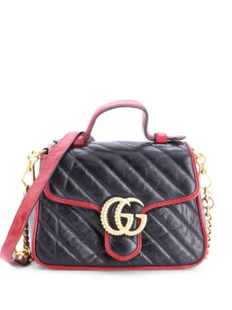 Gucci Pre-Owned GG Marmont Top Handle Flap Bag Diagonal Quilted Leather Mini satchel Black 0HVXV4OJW4M05R34