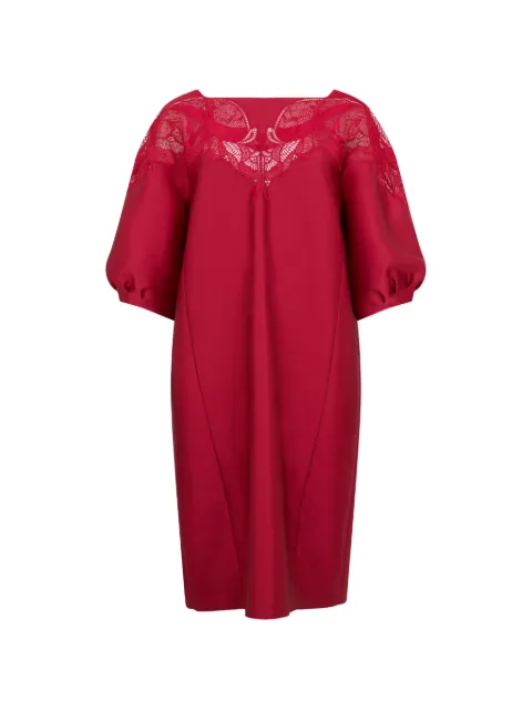 Alberta Ferretti lace-trim puff-sleeve midi dress Red A04481625