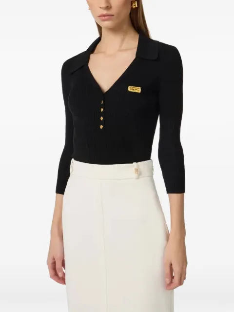 Elisabetta Franchi micro‑braided ribbed‑knit polo top Black MK86B61E2