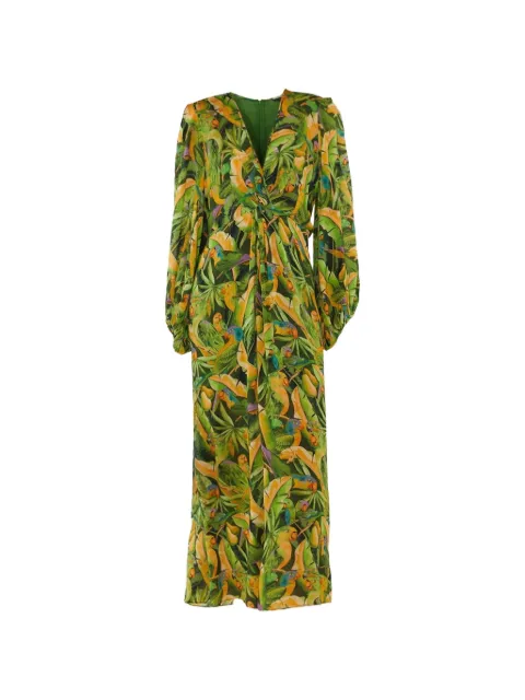 FARM Rio parrot-print gathered-waist midi dress Green 356489