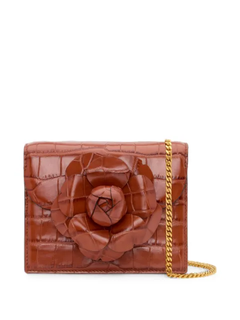 Oscar de la Renta mini TRO crocodile-effect floral-appliqué cutch bag Brown 26FH003ECF