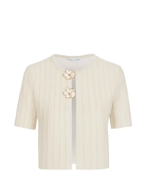 Oscar de la Renta Ottoman floral-embellished short-sleeved cropped cardigan Neutrals 26FN193OCL