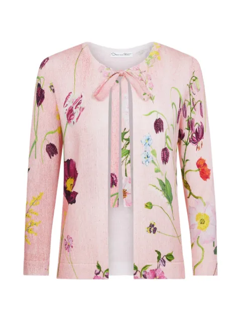 Oscar de la Renta mixed-botanical tie-neck cardigan Pink 26FN129FTS